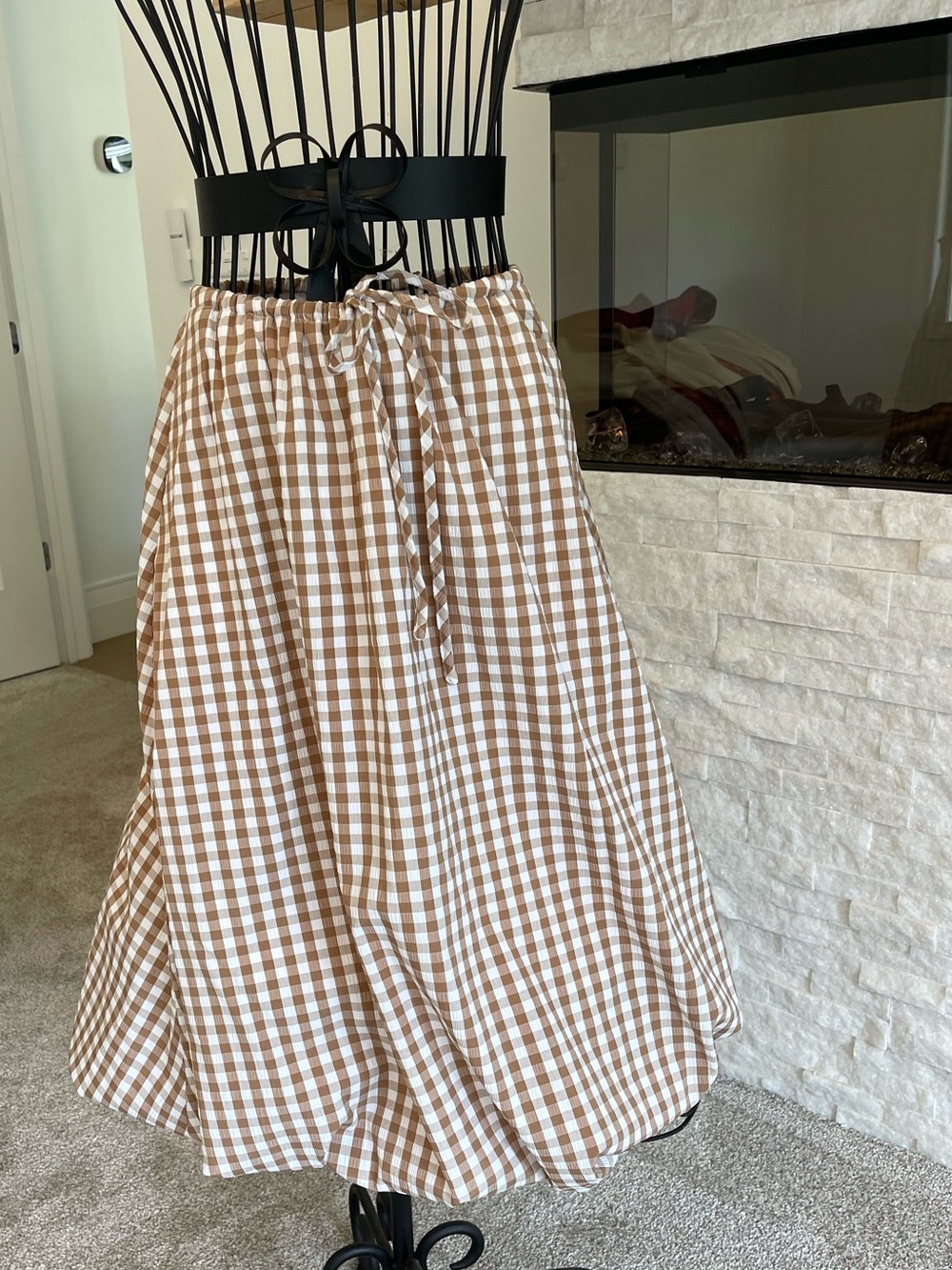 Brown Gingham A-Line Balloon Drawstring Waist Skirt